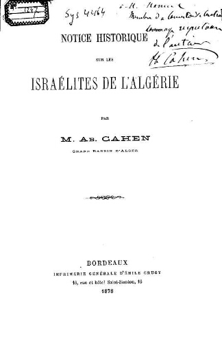 Notice historique sur les Israélites de l'Algérie